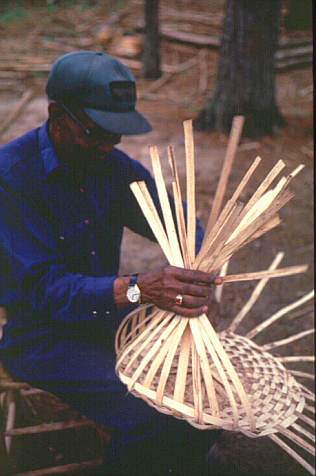 After the bottom of the basket is large enough, Sidney Reed bends the ribs together to form the sides of the basket.