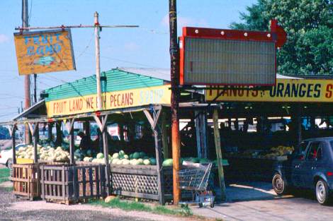 Fruitland in Baton Rouge is typical of the many roadside fruit and vegetable stands still found on both urban and rural areas throughout the state which shows the continued importance of fresh vegetables and gardening.